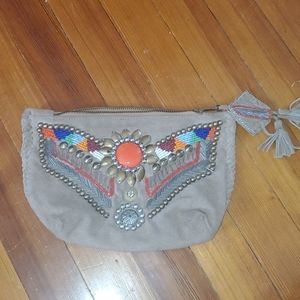 Beaded boho leather clutch